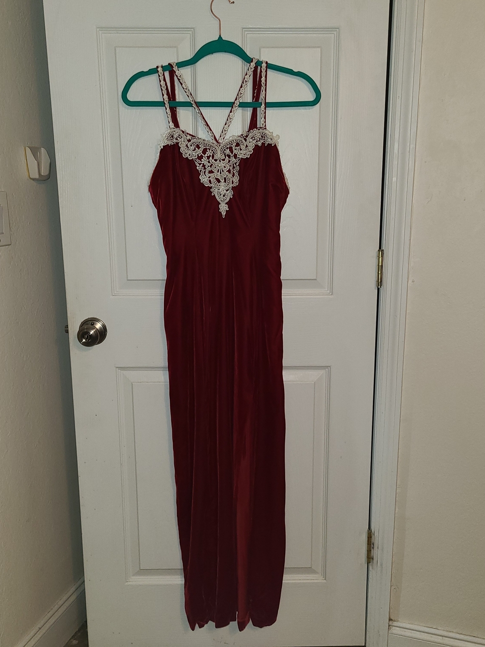 Burgundy Velvet Dress with Lace V-Neck
